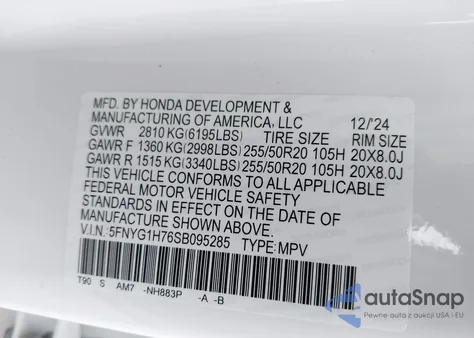2025 Honda Pilot Touring from USA, damaged, VIN 5FNYG1H76SB095285